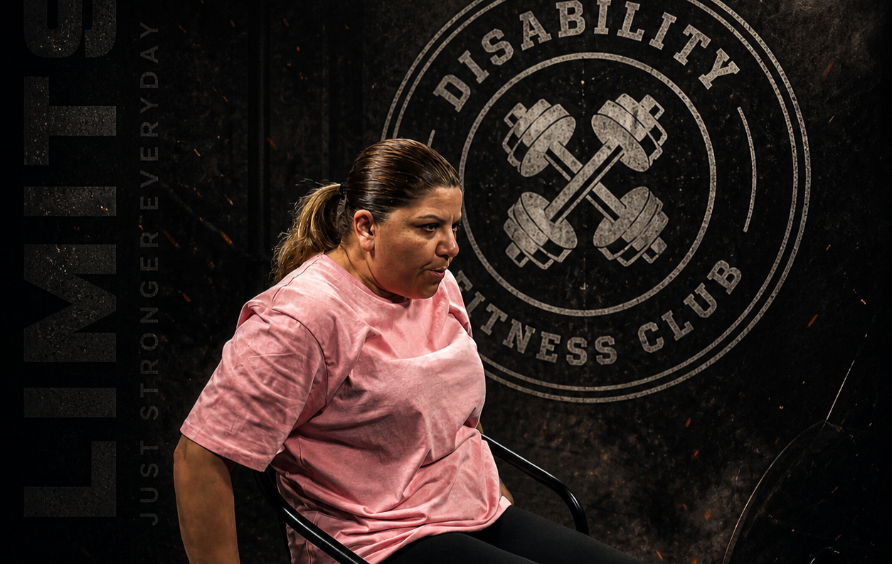 Članica kluba trenira ispred logotipa Disability Fitness Kluba
